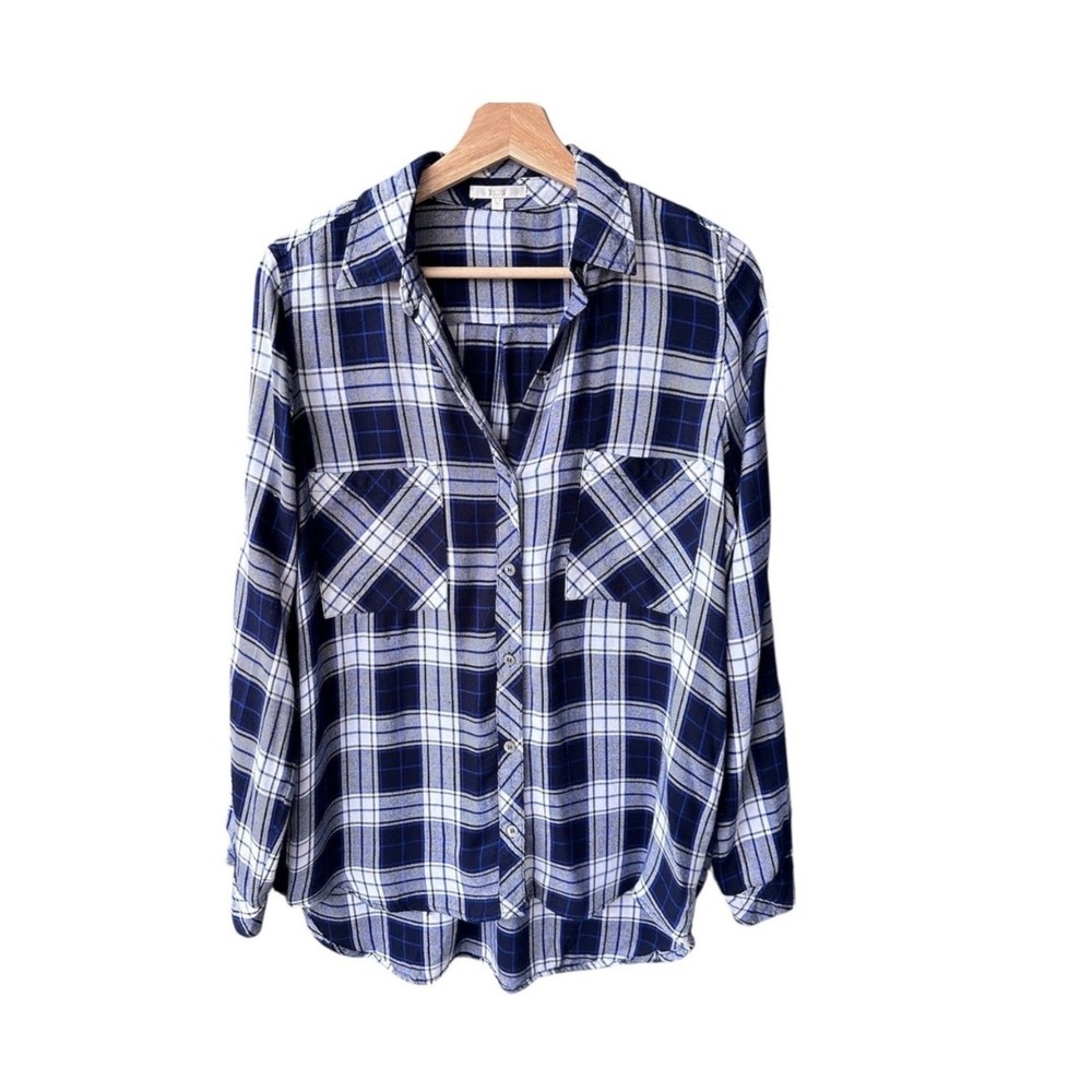 Laju Shirt Top Button Up Navy Blue White Plaid Rayon Roll Tab Sleeve Medium